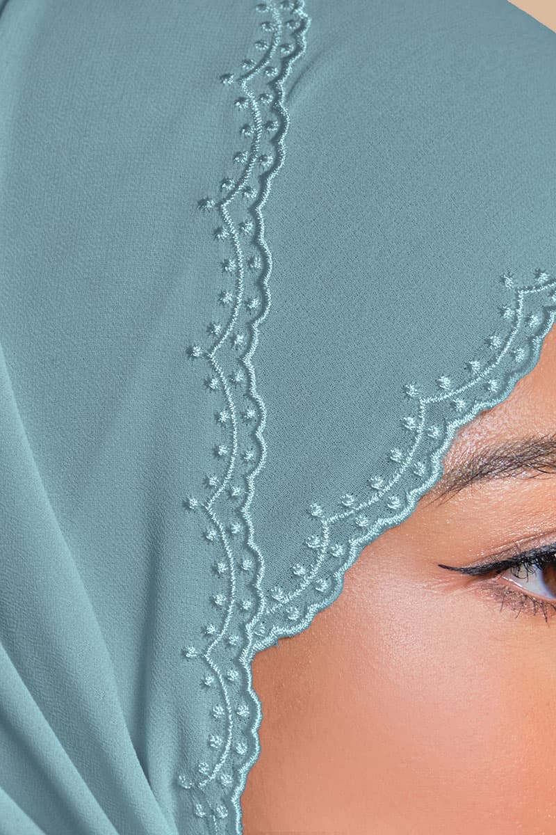 Tanuja Embroidered Scallop Headscarf - Dusty Aqua - Image 3