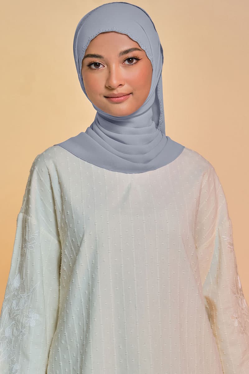 Tanuja Embroidered Scallop Headscarf - Ash Blue - Image 1