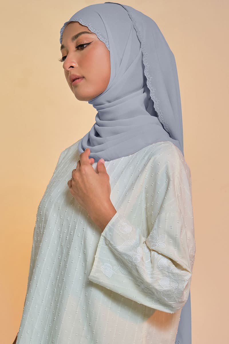Tanuja Embroidered Scallop Headscarf - Ash Blue - Image 2