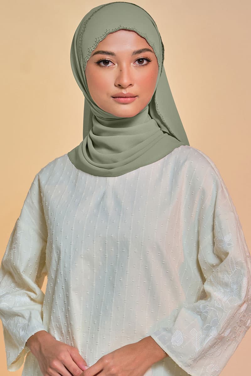 Tanuja Embroidered Scallop Headscarf - Soft Matcha - Image 1