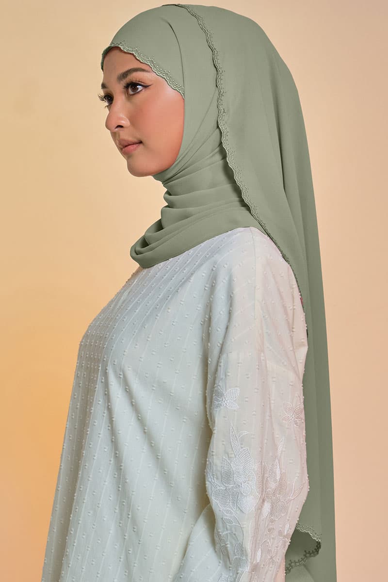Tanuja Embroidered Scallop Headscarf - Soft Matcha - Image 2