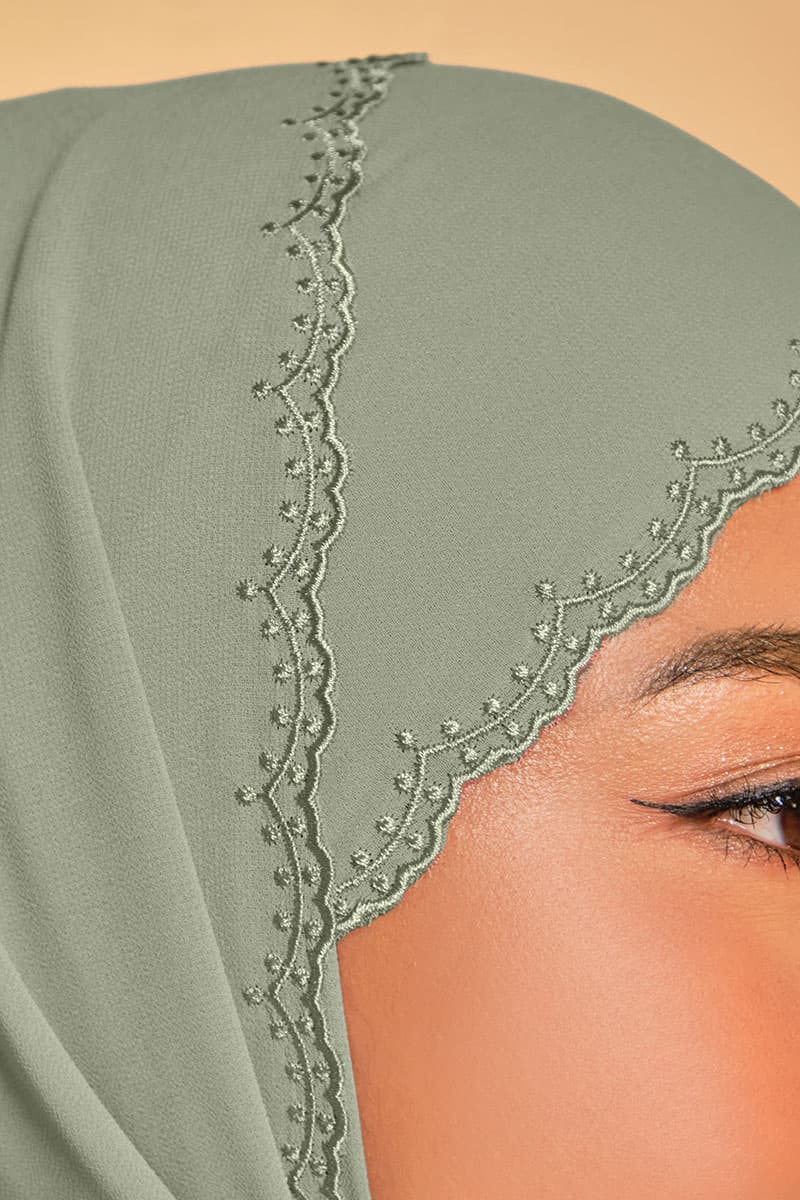 Tanuja Embroidered Scallop Headscarf - Soft Matcha - Image 3