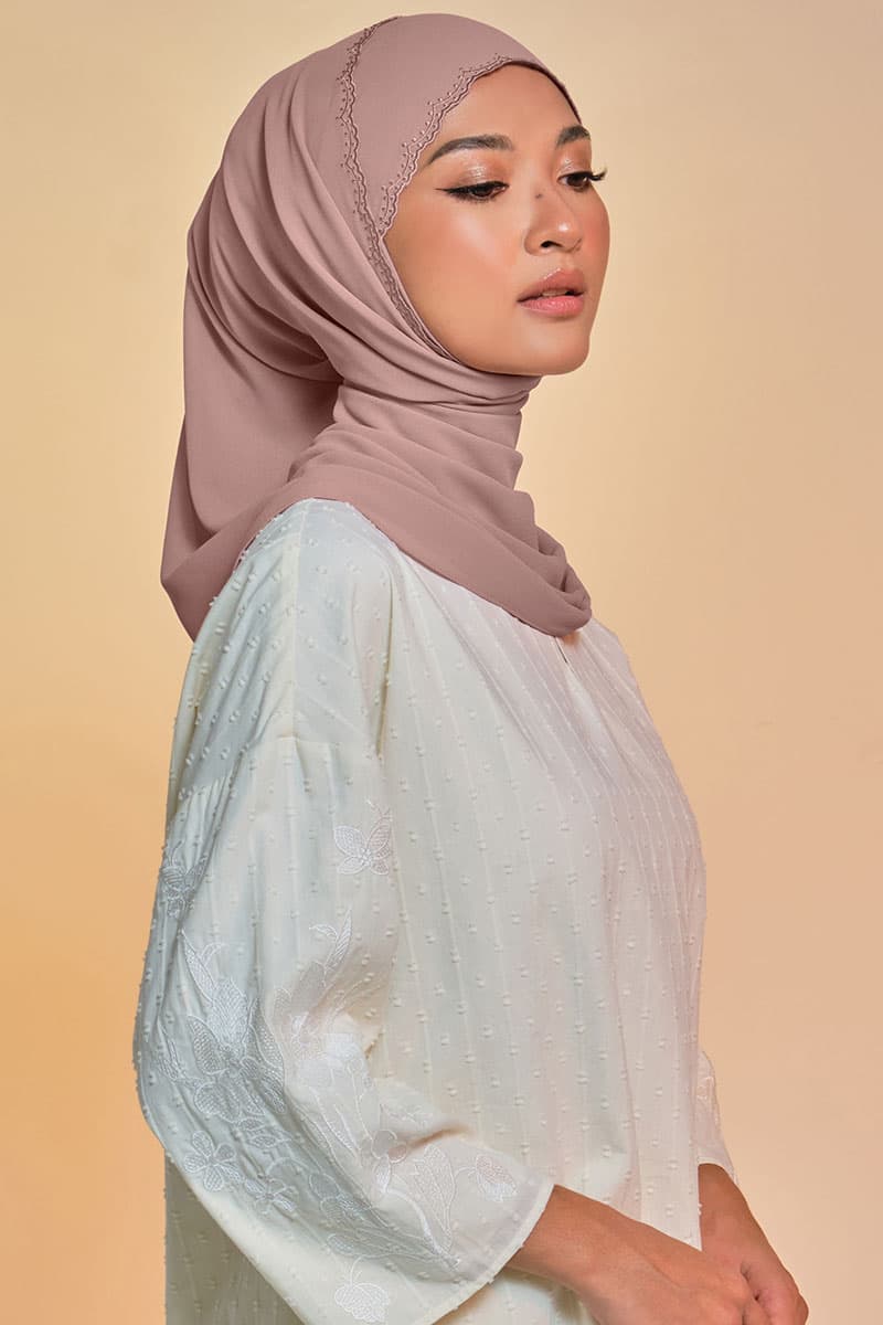 Tanuja Embroidered Scallop Headscarf - Brown Beige - Image 2