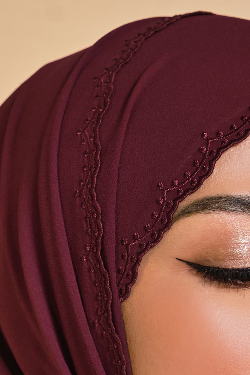 Tanuja Embroidered Scallop Headscarf - Deep Wine - Image 3