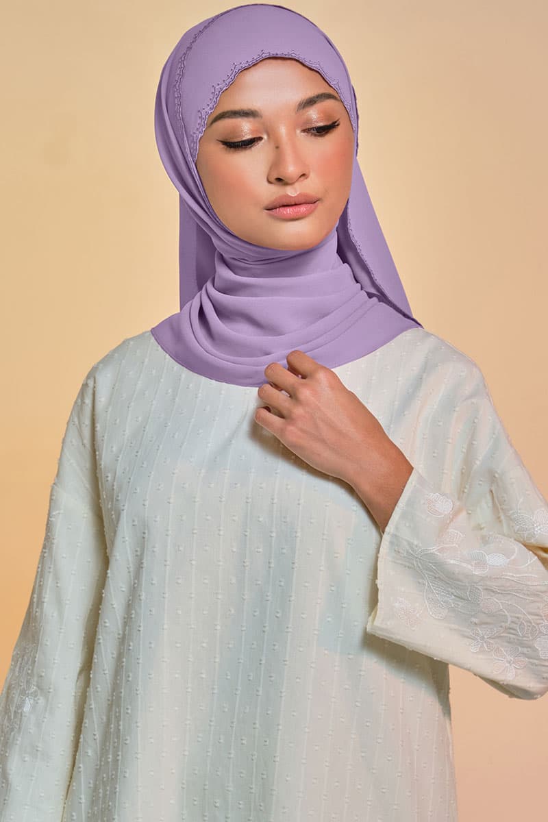 Tanuja Embroidered Scallop Headscarf - Dusty Lavender - Image 1