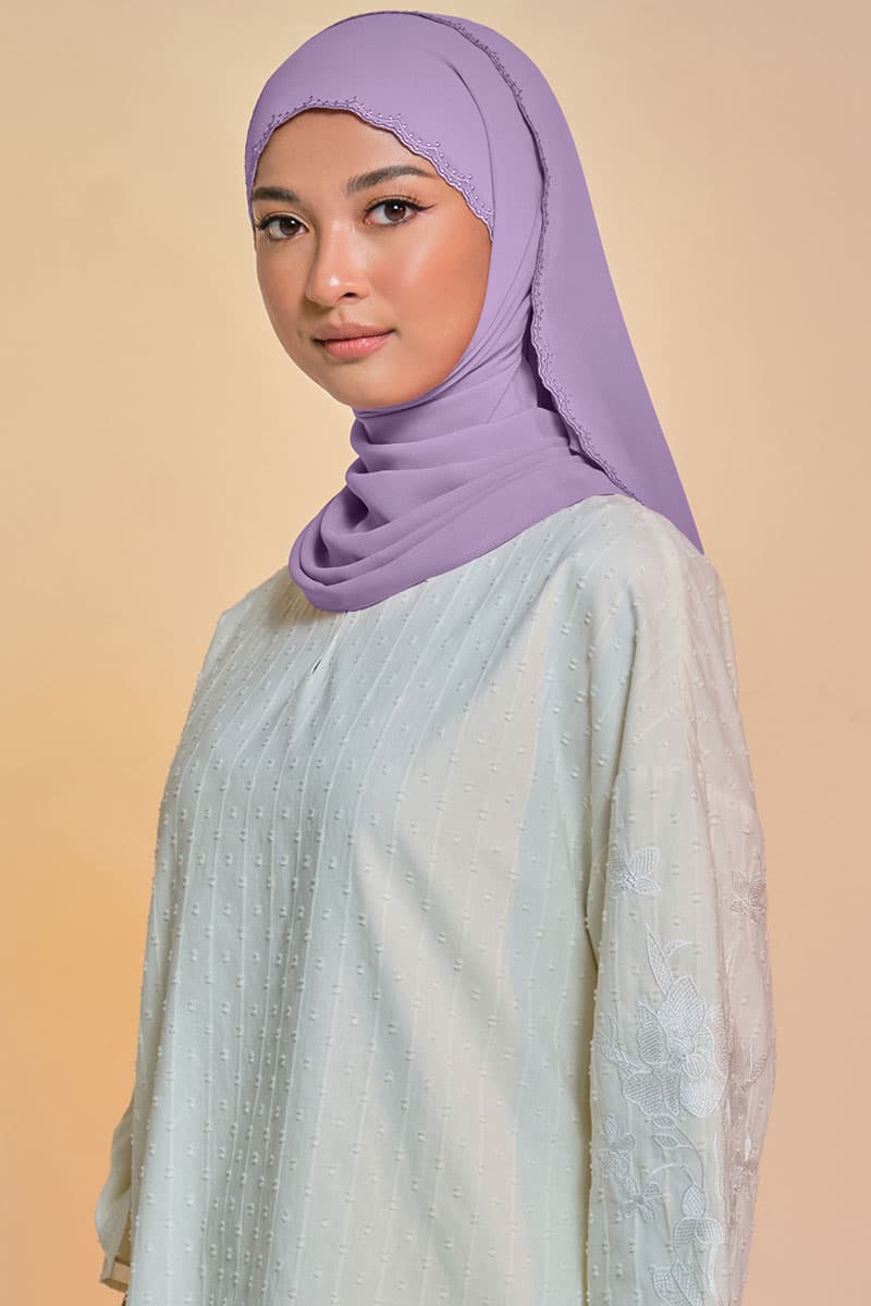 Tanuja Embroidered Scallop Headscarf - Dusty Lavender - Image 2