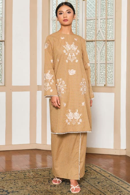 COTTON Mardyra Blouse & Skirt - Brown Check