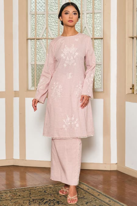 COTTON Mardyra Blouse & Skirt - Pink Check