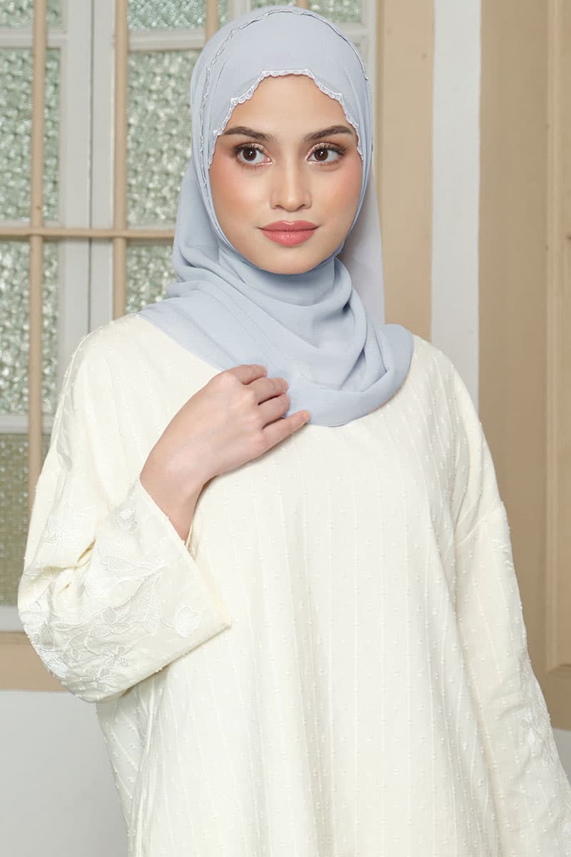 Lilita Embroidered Scallop Headscarf - Ash Blue - Image 1