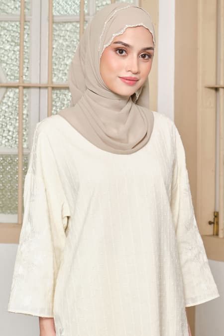 Lilita Embroidered Scallop Headscarf - Pale Oak