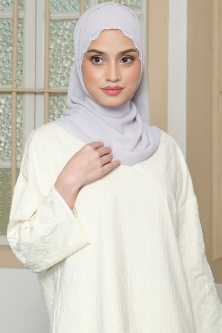 Lilita Embroidered Scallop Headscarf - Light Grey