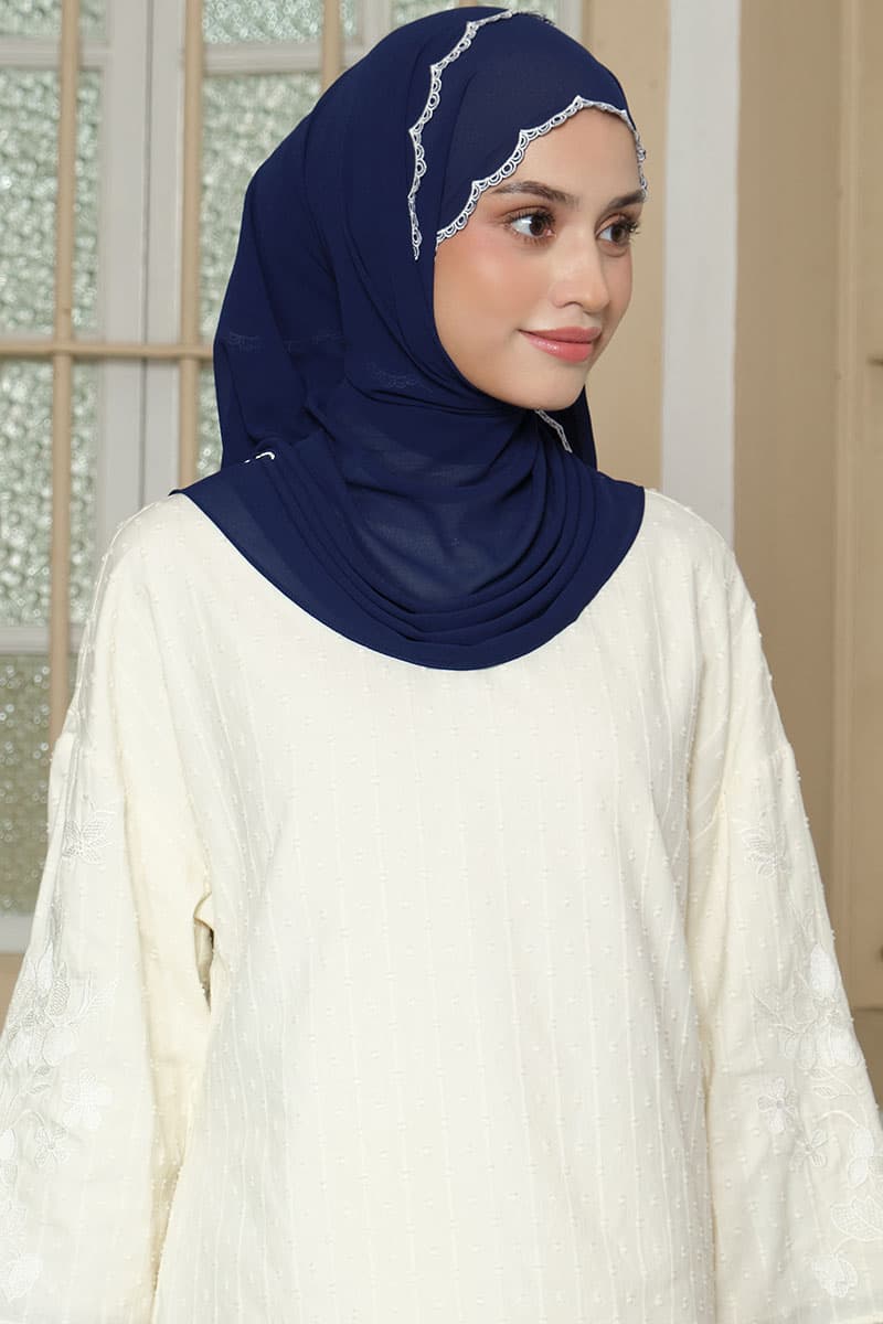 Lilita Embroidered Scallop Headscarf - Navy - Image 2
