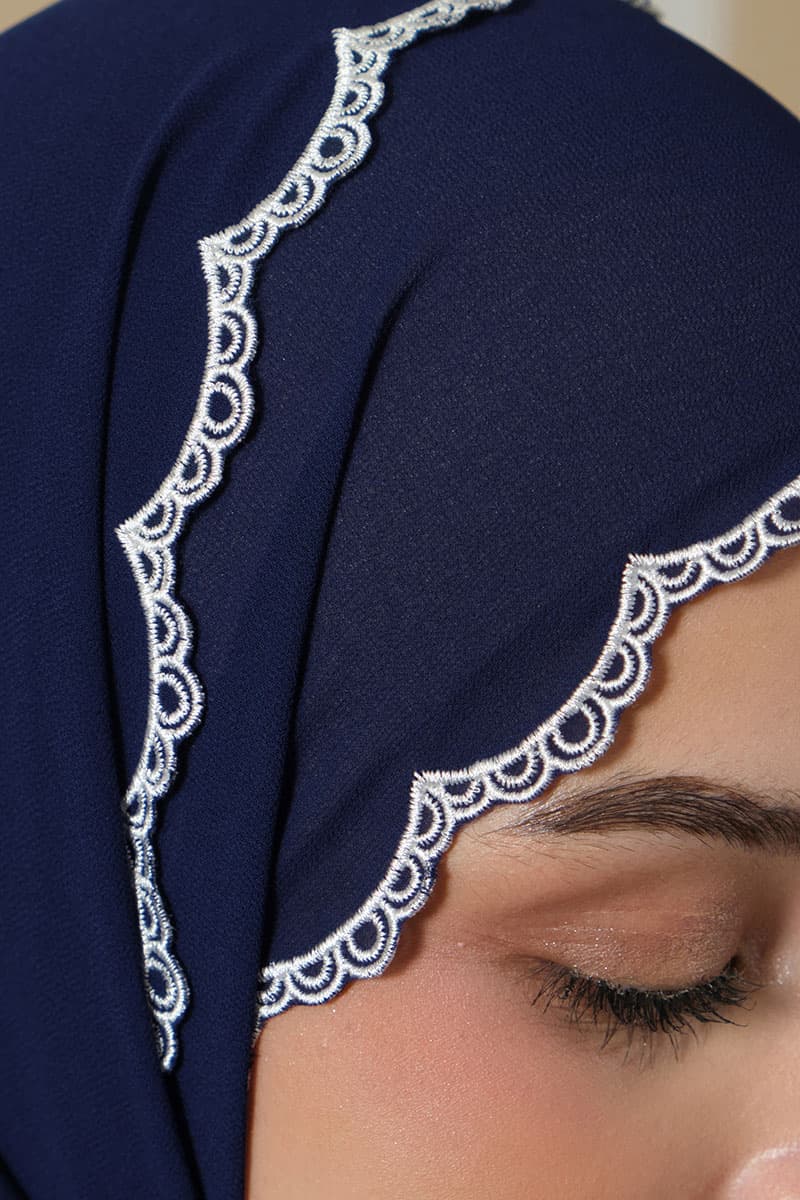 Lilita Embroidered Scallop Headscarf - Navy - Image 3