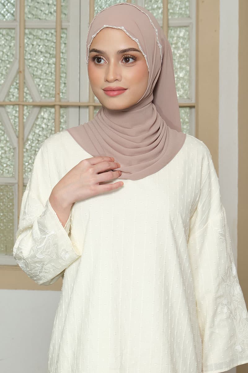 Lilita Embroidered Scallop Headscarf - Taupe - Image 1