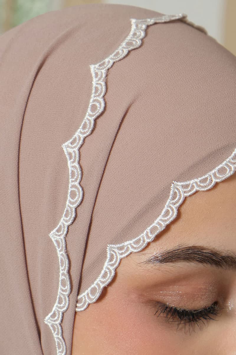 Lilita Embroidered Scallop Headscarf - Taupe - Image 3