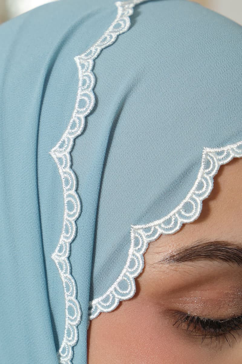 Lilita Embroidered Scallop Headscarf - Dusty Aqua - Image 3