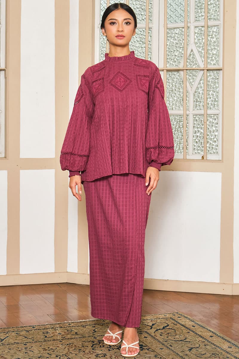 COTTON Velira Blouse & Skirt - Burgundy - Image 1