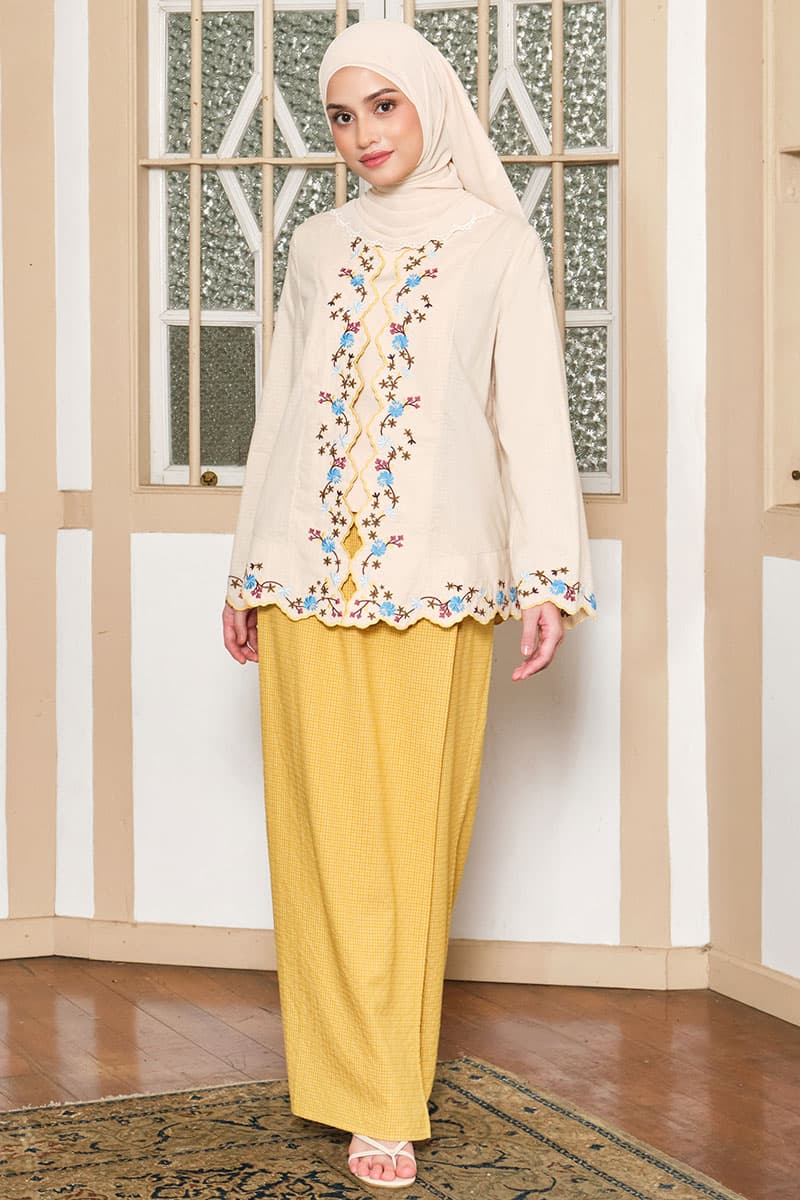COTTON Efrytra Blouse & Skirt - Beige/Mustard Check - Image 1
