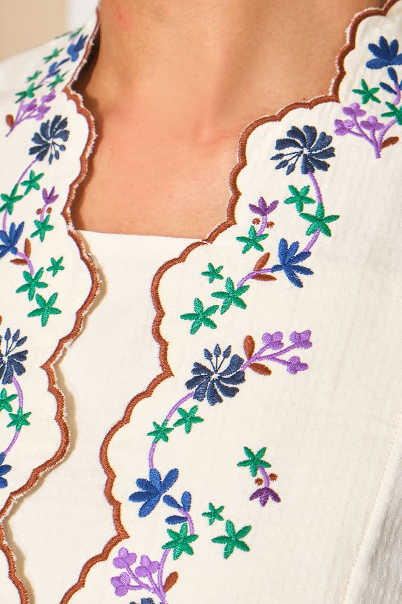 COTTON Efrytra Blouse & Skirt - Cream/Brown Check - Image 5