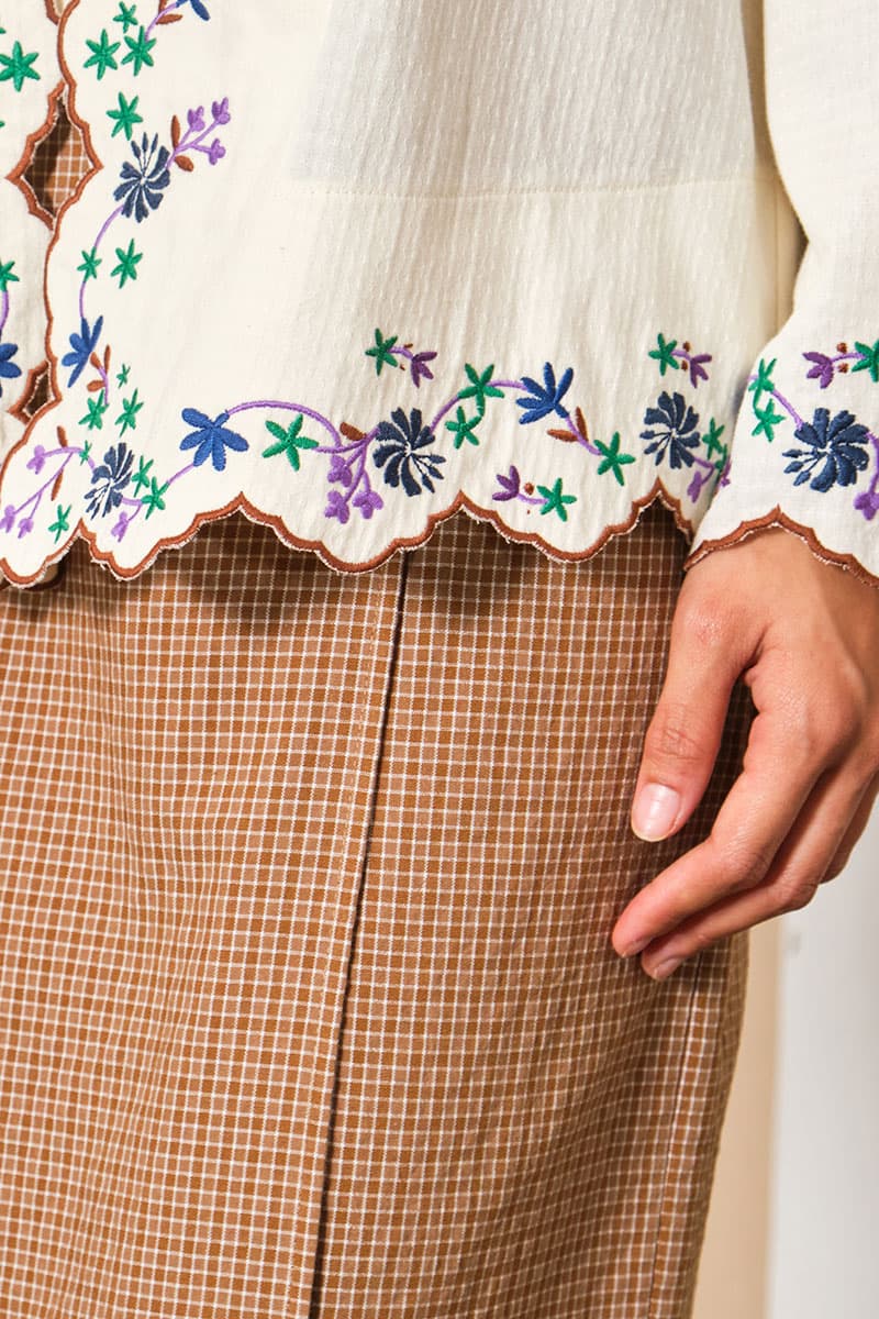 COTTON Efrytra Blouse & Skirt - Cream/Brown Check - Image 6