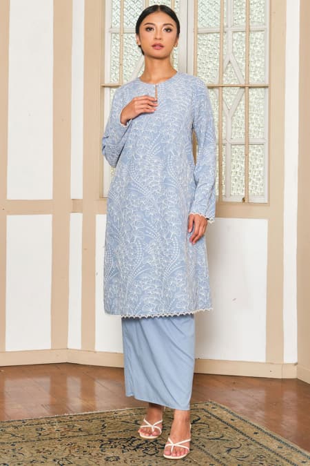 COTTON Qhamyra Blouse & Skirt - Lake Blue
