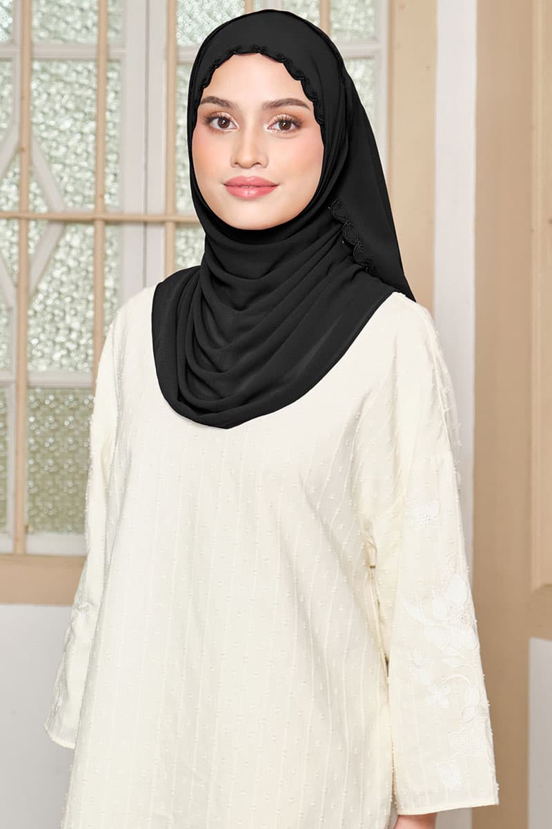 Kalyani Embroidered Scallop Headscarf - Black - Image 1