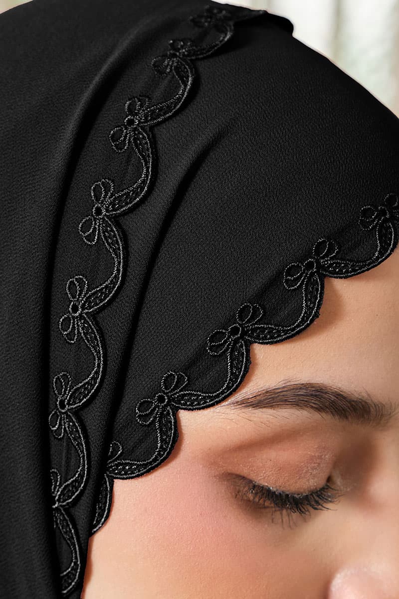 Kalyani Embroidered Scallop Headscarf - Black - Image 3