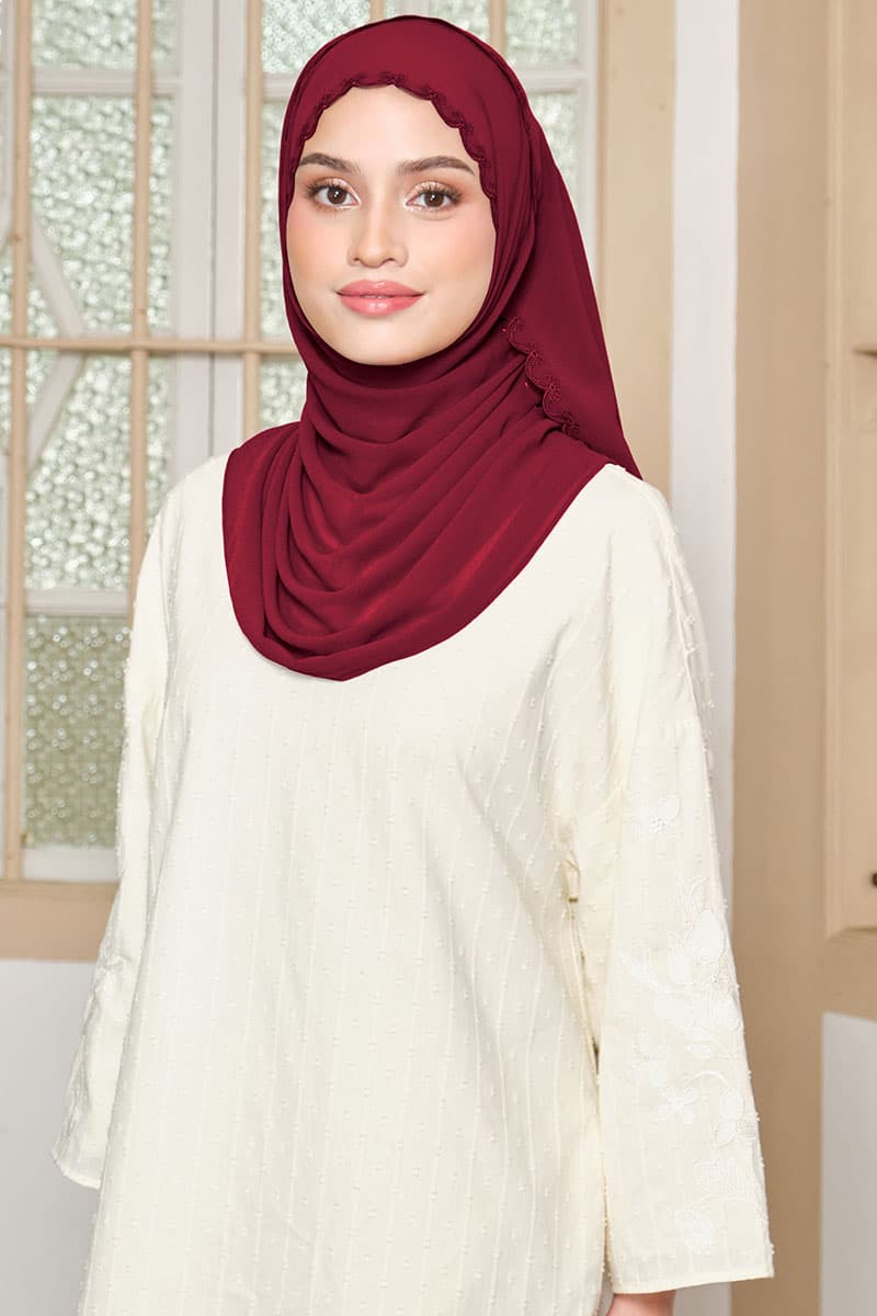 Kalyani Embroidered Scallop Headscarf - Cordovan - Image 1