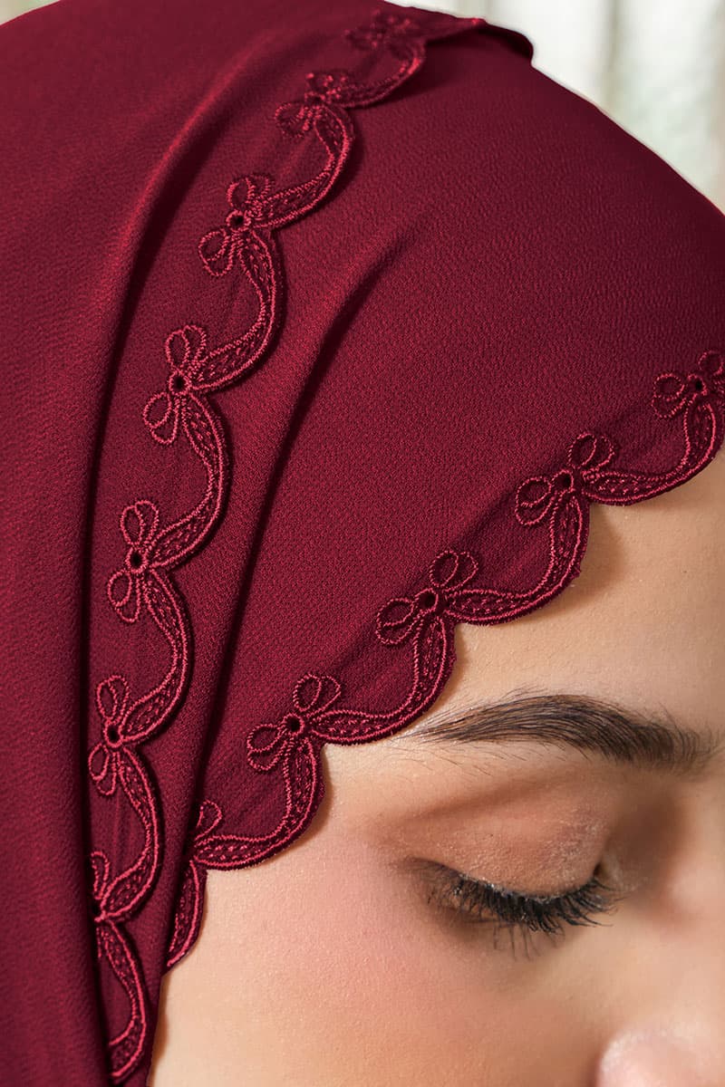 Kalyani Embroidered Scallop Headscarf - Cordovan - Image 3