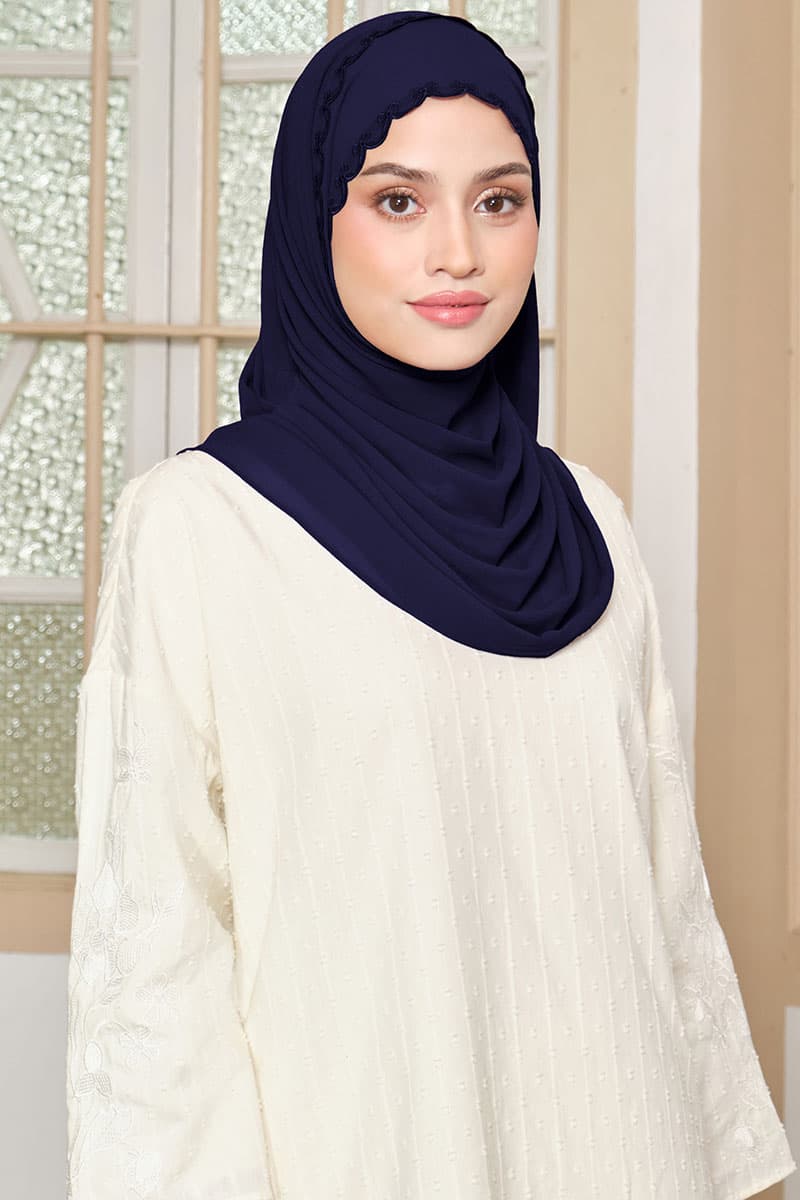 Kalyani Embroidered Scallop Headscarf - Midnight Blue - Image 1