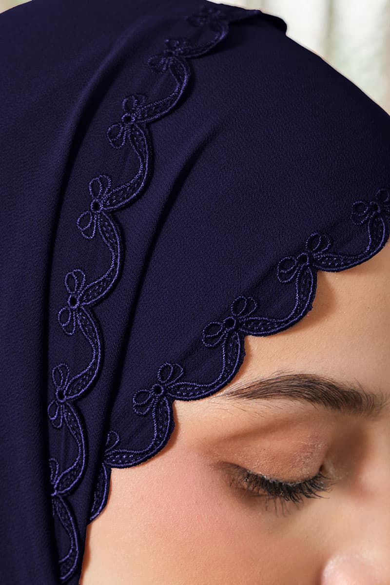 Kalyani Embroidered Scallop Headscarf - Midnight Blue - Image 3