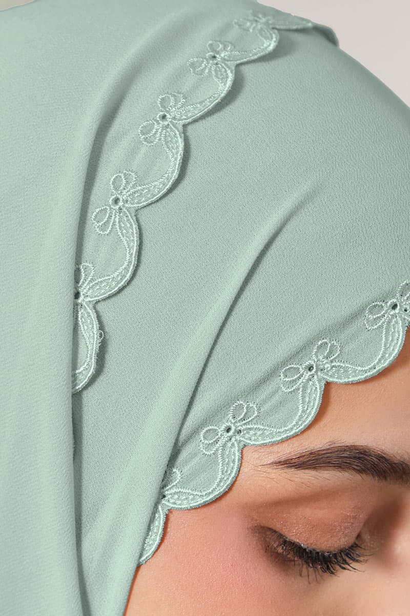Kalyani Embroidered Scallop Headscarf - Soft Mint - Image 3
