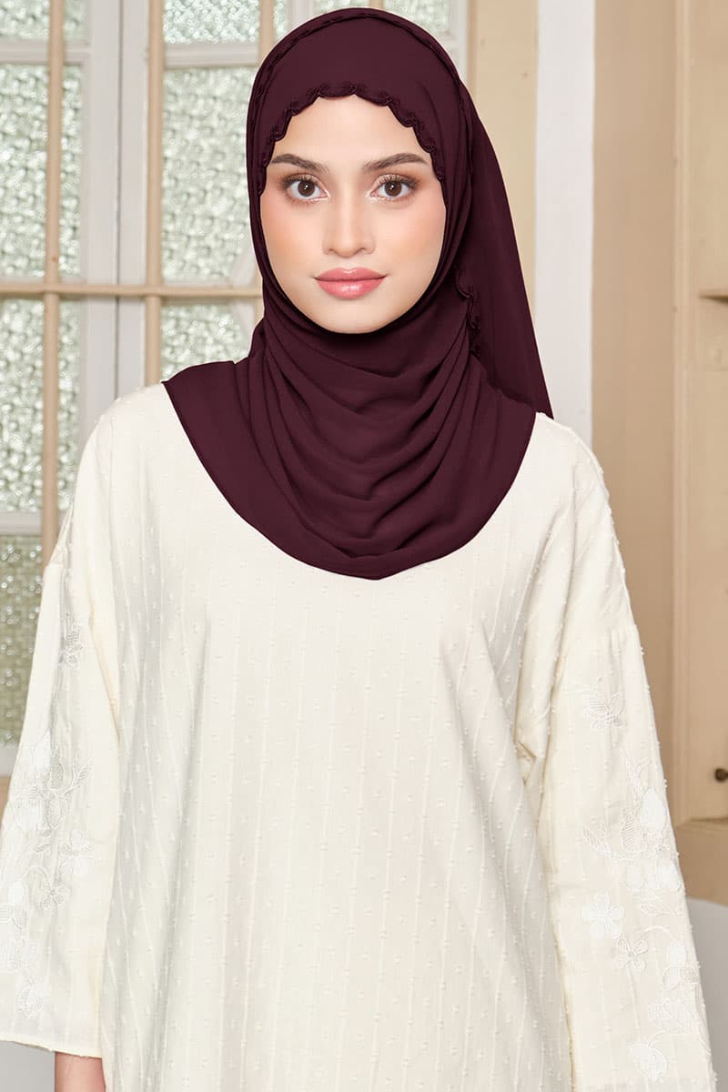 Kalyani Embroidered Scallop Headscarf - Deep Plum - Image 1