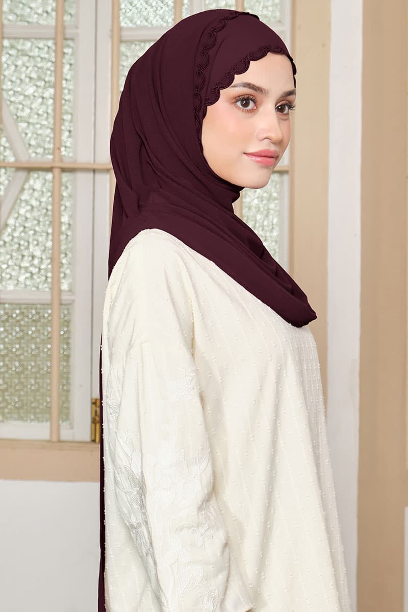 Kalyani Embroidered Scallop Headscarf - Deep Plum - Image 2