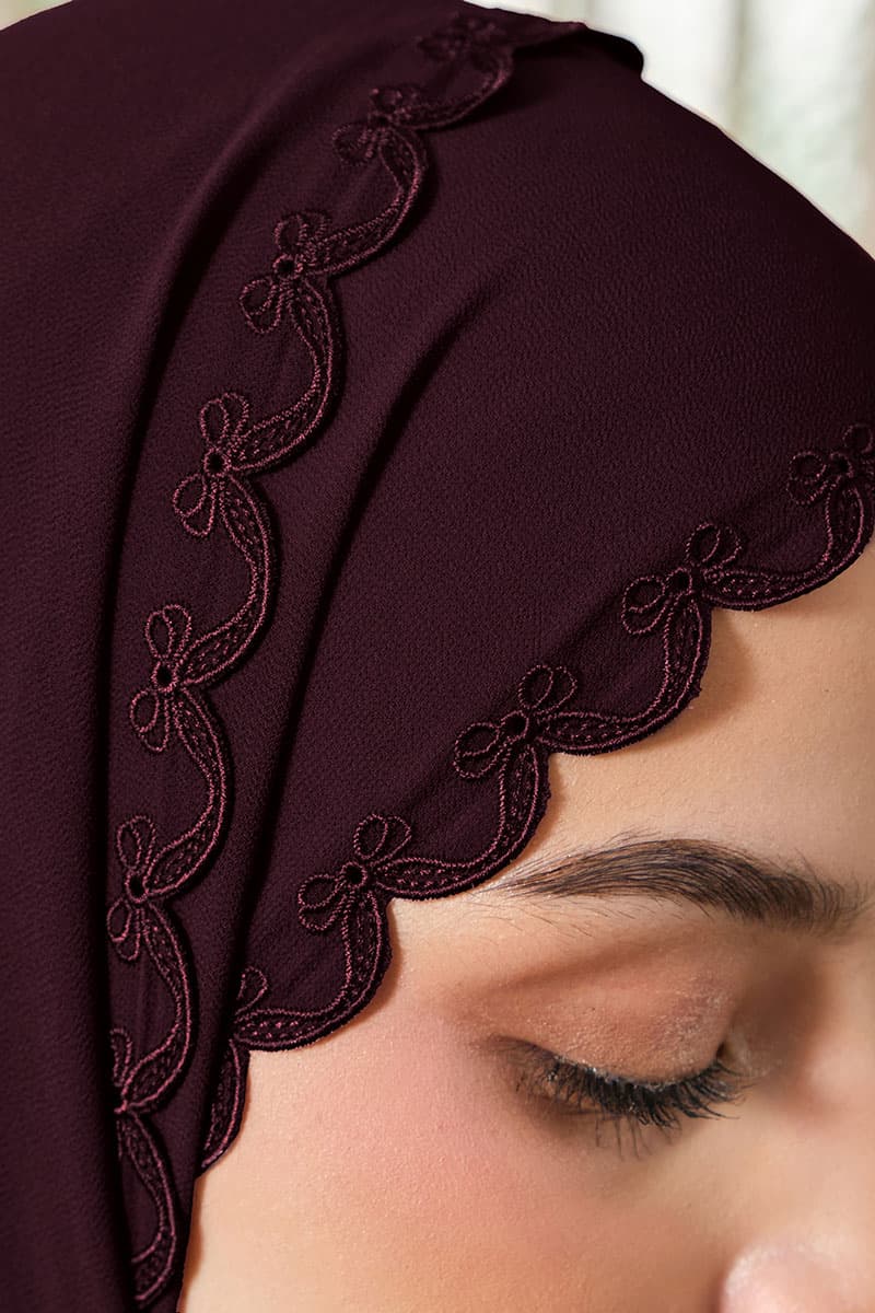 Kalyani Embroidered Scallop Headscarf - Deep Plum - Image 3