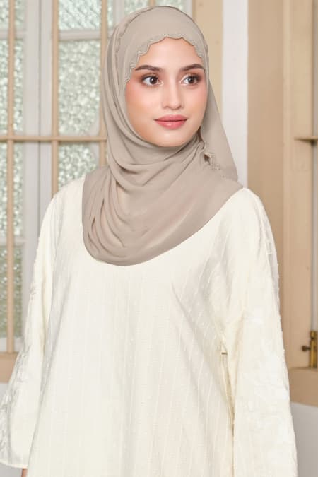 Kalyani Embroidered Scallop Headscarf - Pale Oak
