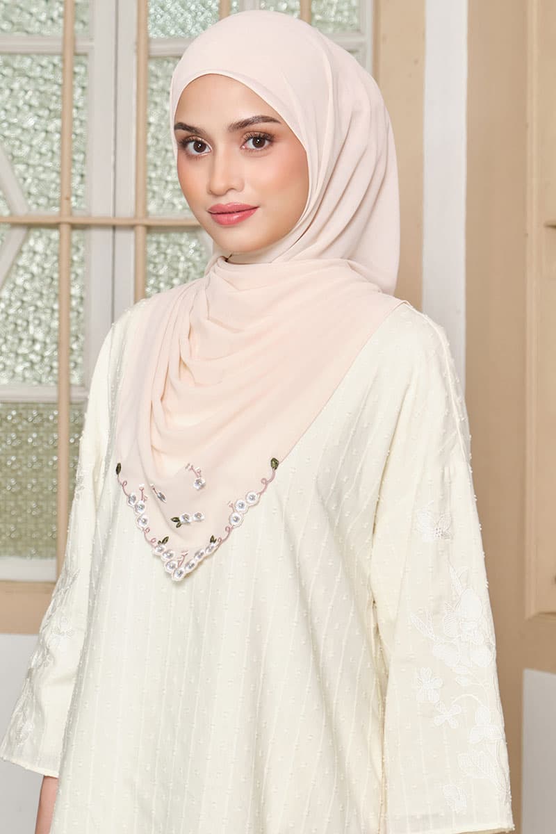 Thalya Embroidered Chiffon Headscarf - Oatmilk - Image 1