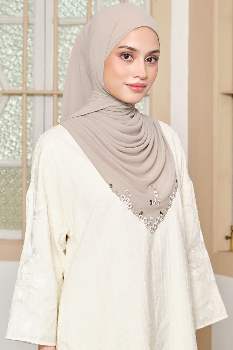 Thalya Embroidered Chiffon Headscarf - Pale Oak - Image 2
