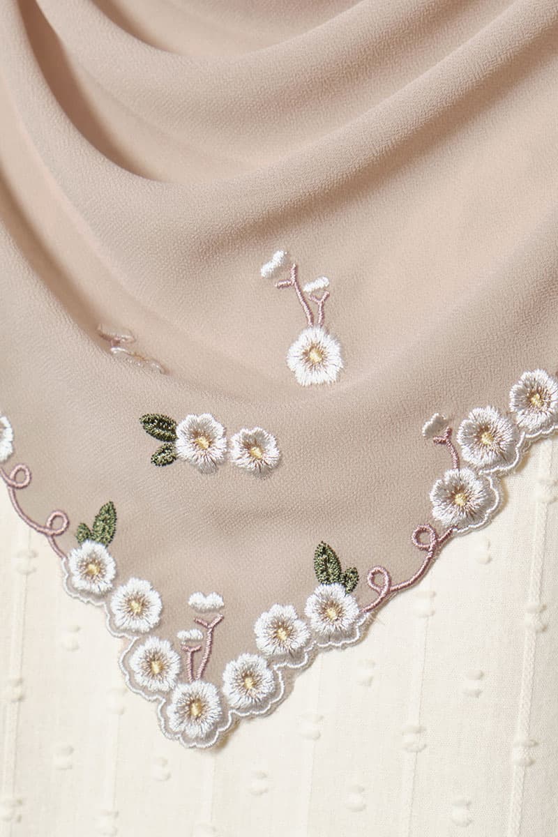 Thalya Embroidered Chiffon Headscarf - Pale Oak - Image 3