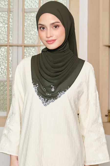 Thalya Embroidered Chiffon Headscarf - Seaweed