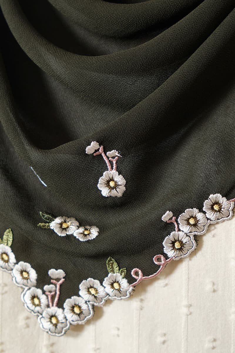 Thalya Embroidered Chiffon Headscarf - Seaweed - Image 3