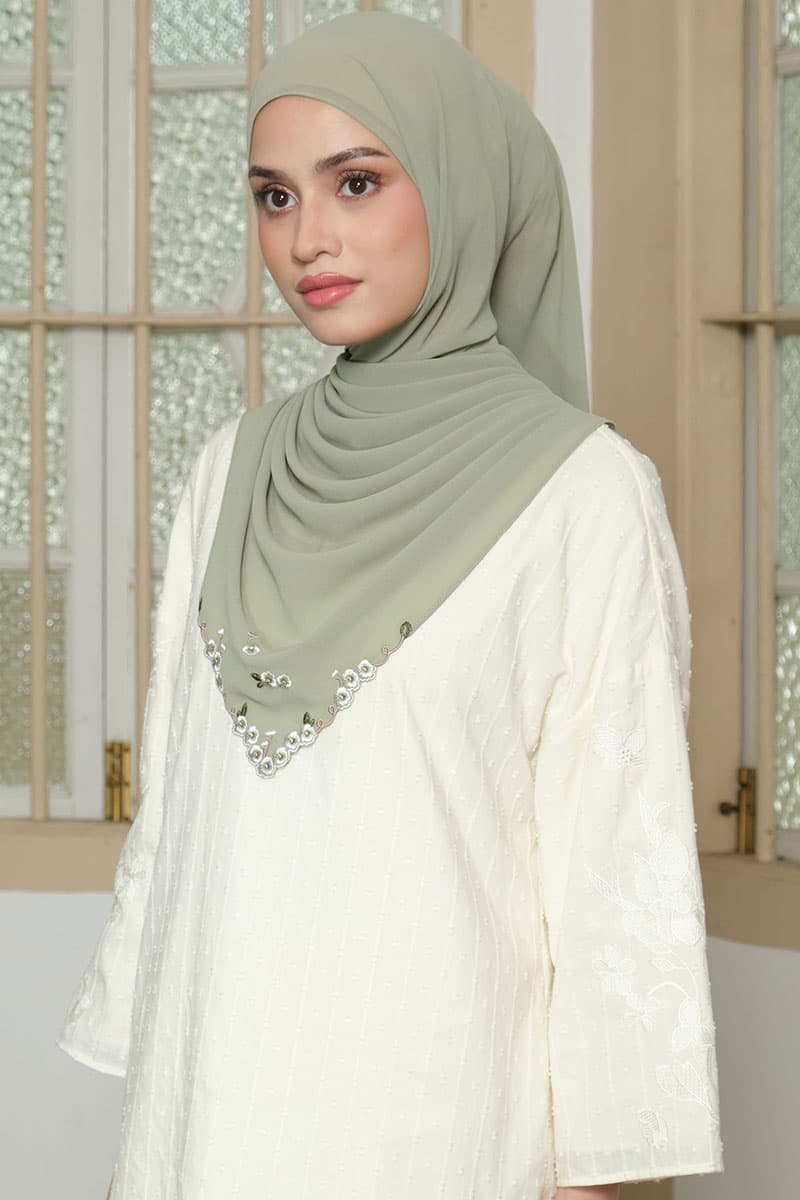Thalya Embroidered Chiffon Headscarf - Soft Matcha - Image 2