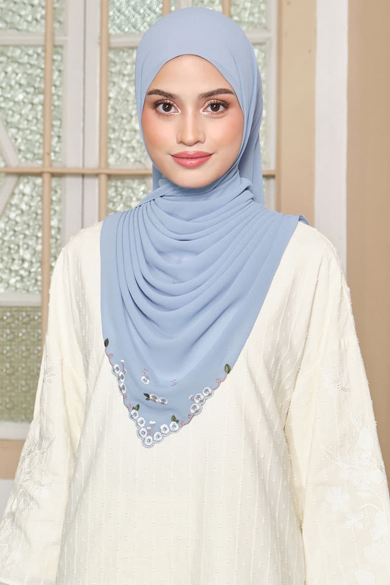 Thalya Embroidered Chiffon Headscarf - Blue Bell - Image 1