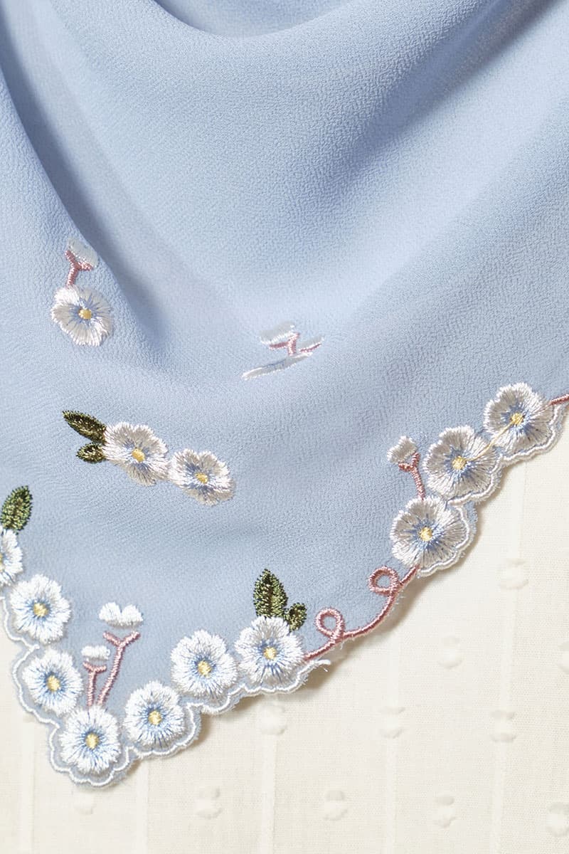 Thalya Embroidered Chiffon Headscarf - Blue Bell - Image 3