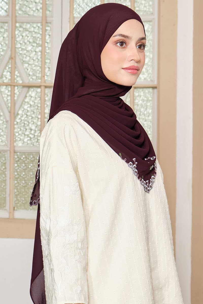 Thalya Embroidered Chiffon Headscarf - Deep Plum - Image 2
