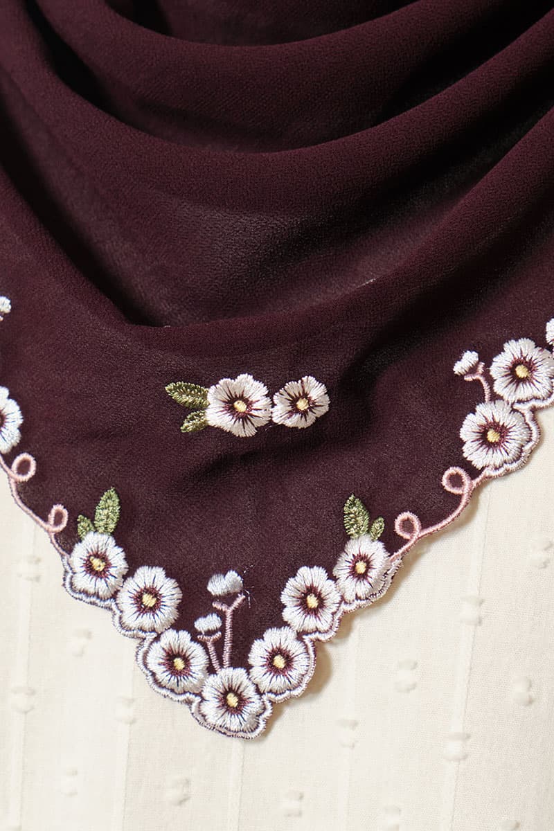 Thalya Embroidered Chiffon Headscarf - Deep Plum - Image 3