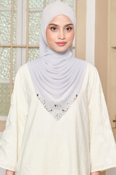 Thalya Embroidered Chiffon Headscarf - Light Grey