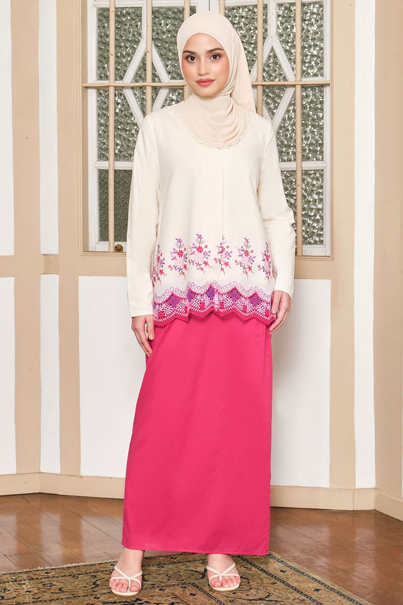 COTTON Salinda Blouse & Skirt - Cream/Fuchsia - Image 1