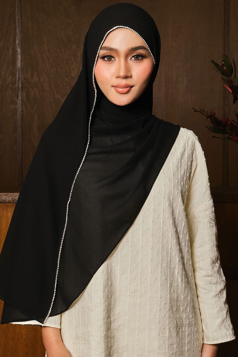 Camelya Beaded Chiffon Headscarf - Black - Image 1