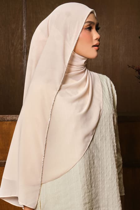 Camelya Beaded Chiffon Headscarf - Oatmilk